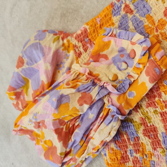 Free People Ariana Top Small Floral Smocked Square Neck Cottagecore Blouse - Picture 10 of 12